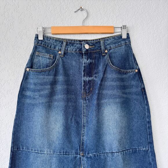 Unbranded Blue Dark Wash Denim Maxi Skirt w/ Front Slit Size Small - Picture 3 of 6